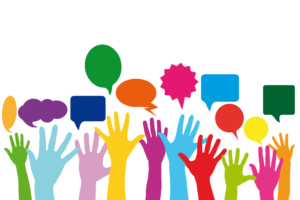 A row of multi-colored hands raise up from the bottom of the image. Above the open hands are shapes that look like a cartoon text box indicating the hands are talking.