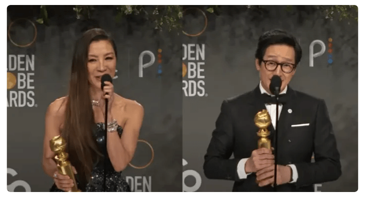 Screenshot of actors Michelle Yeoh (on left) and Ke Huy Quan (on right) accepting their Golden Globe awards for their roles in the film Everything Everywhere All At Once. 