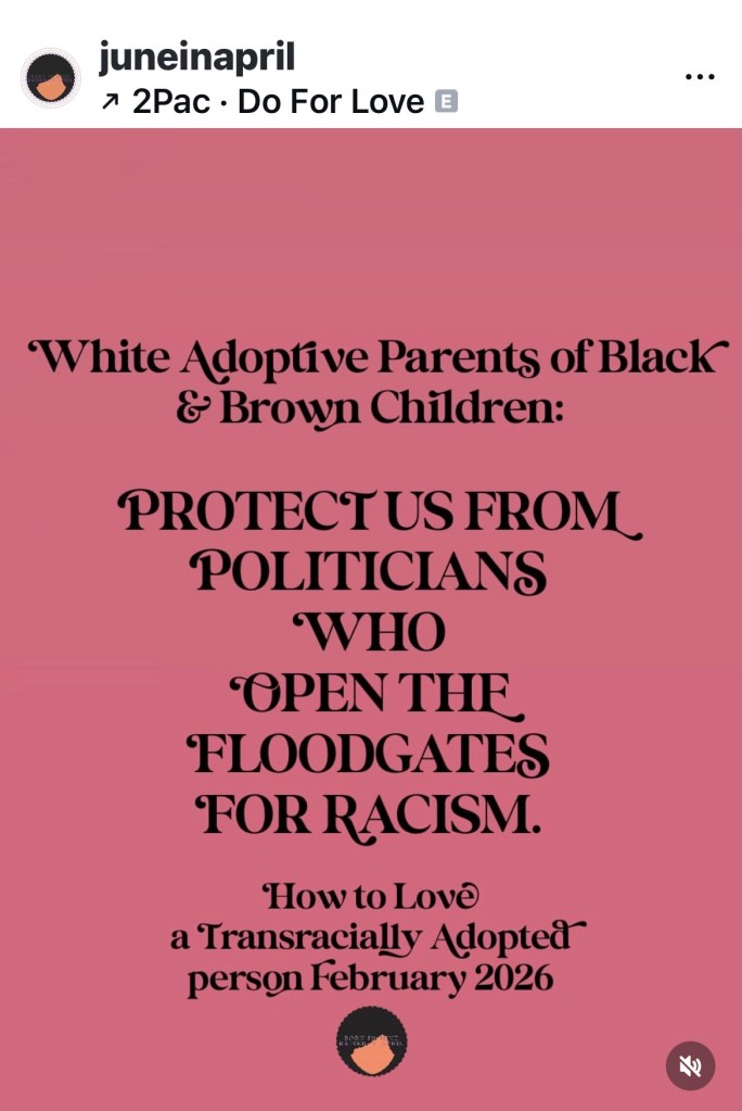 White adoptive parents of black and brown children: Protect us from politicians who open the floodgates for racism. How to love a transracially adopted person February 2026.